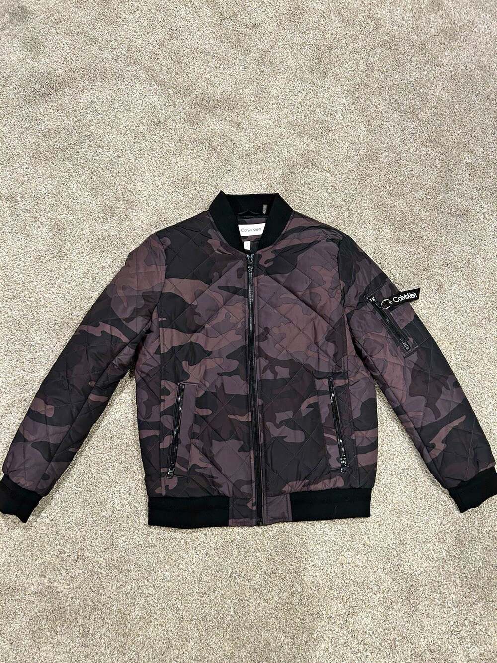 Calvin Klein Men’s Quilted Grey Camo Bomber Jacket Full Zip Size S